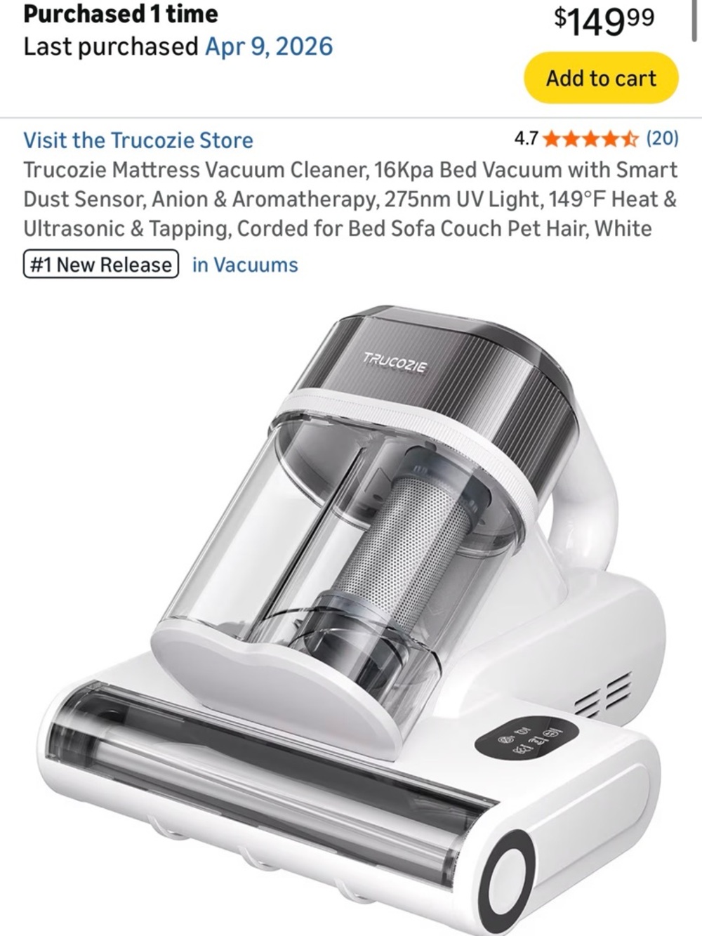 Trucozie Handheld Mattress Vacuum - White/Clear